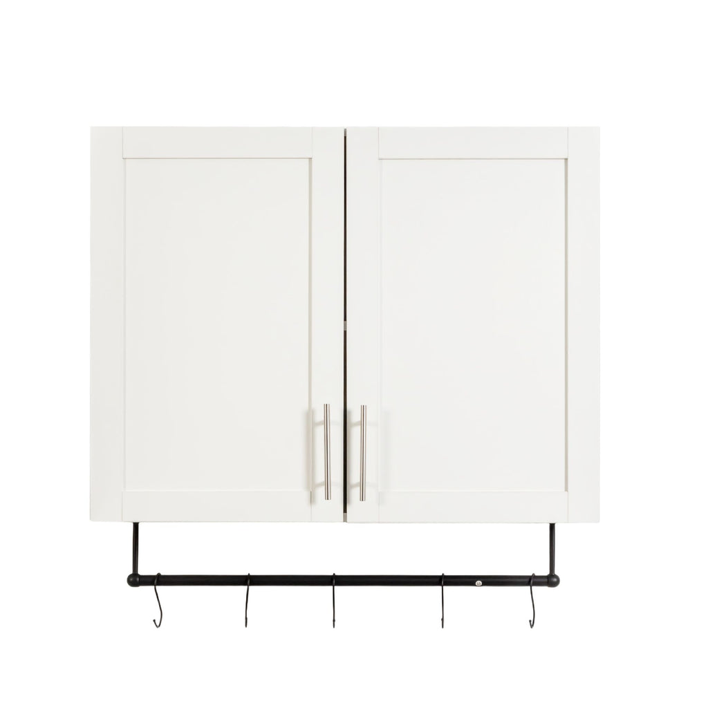 White Bathroom Wall Cabinet with Adjustable Shelf, Towel Bar and 5 Hooks