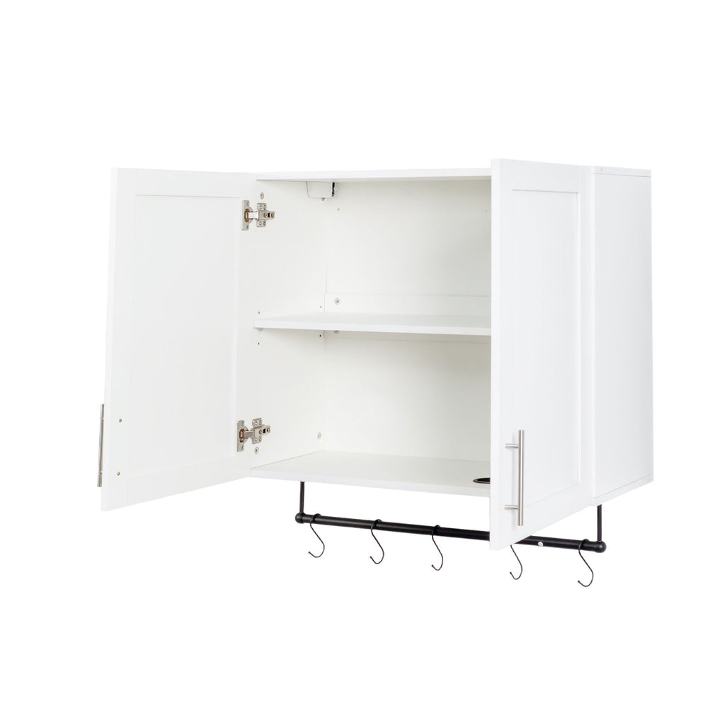 White Bathroom Wall Cabinet with Adjustable Shelf, Towel Bar and 5 Hooks