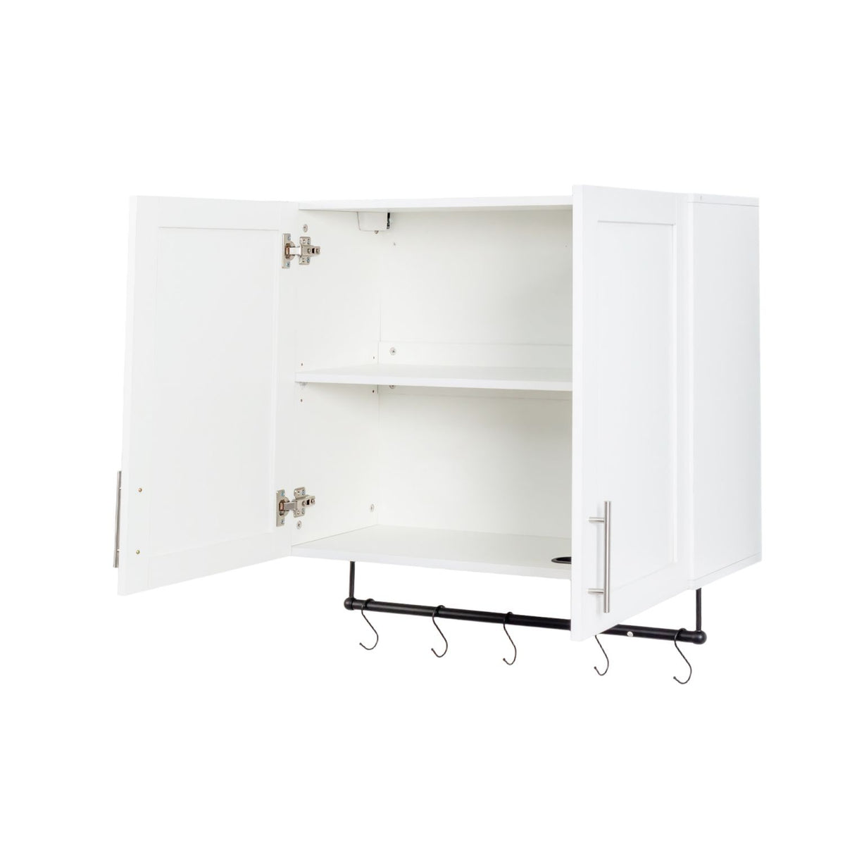 White Bathroom Wall Cabinet with Adjustable Shelf, Towel Bar and 5 Hooks