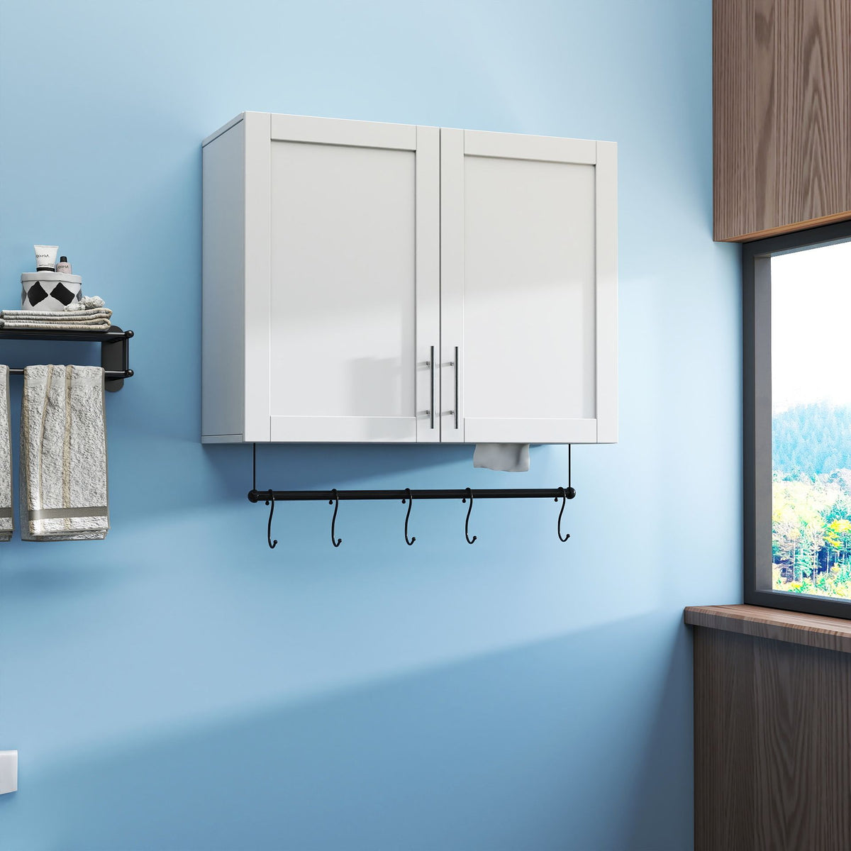White Bathroom Wall Cabinet with Adjustable Shelf, Towel Bar and 5 Hooks