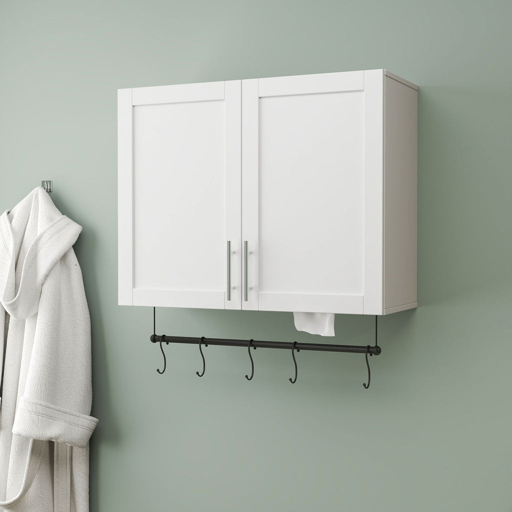 White Bathroom Wall Cabinet with Adjustable Shelf, Towel Bar and 5 Hooks