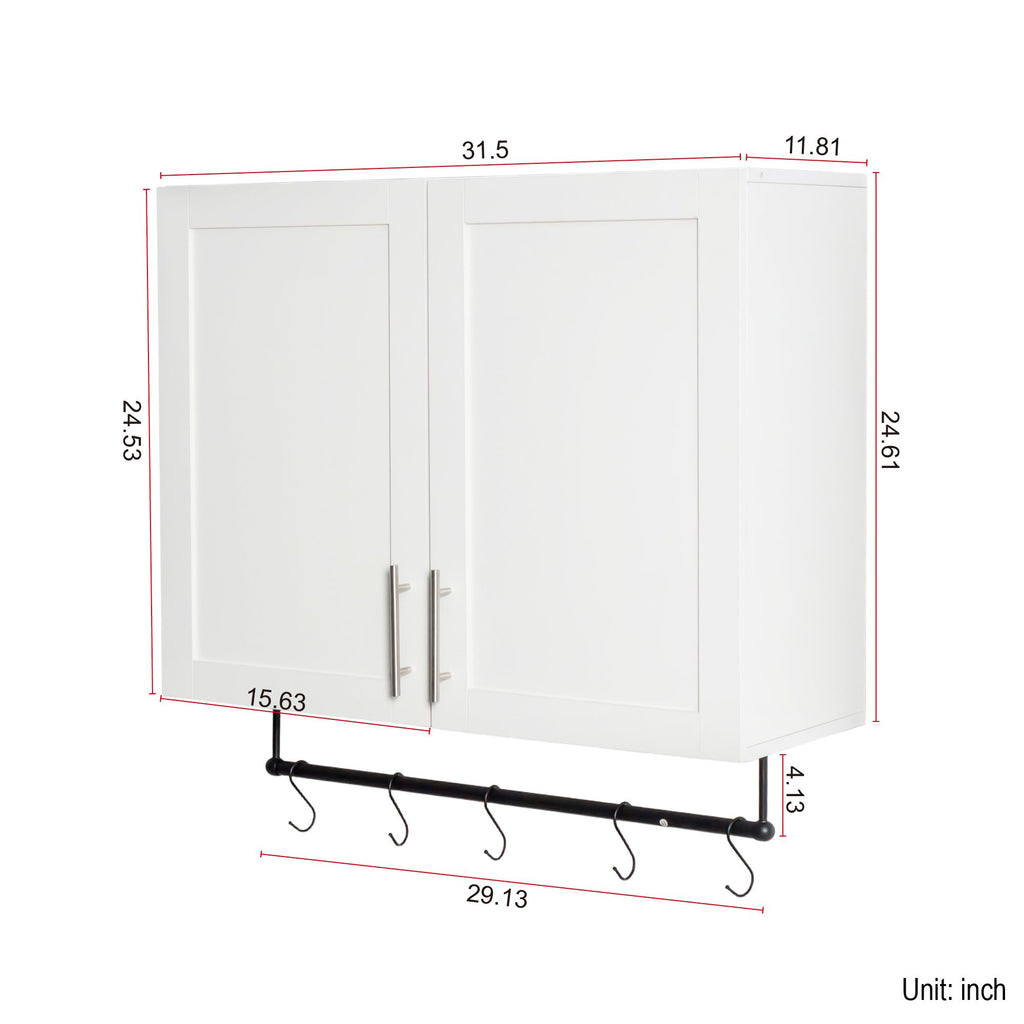 White Bathroom Wall Cabinet with Adjustable Shelf, Towel Bar and 5 Hooks