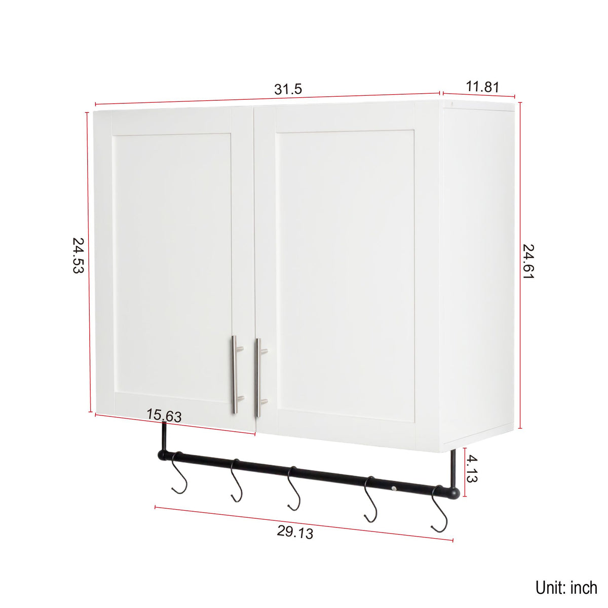 White Bathroom Wall Cabinet with Adjustable Shelf, Towel Bar and 5 Hooks