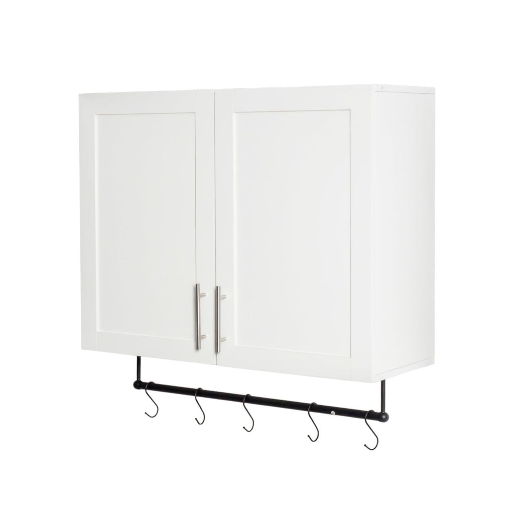 White Bathroom Wall Cabinet with Adjustable Shelf, Towel Bar and 5 Hooks