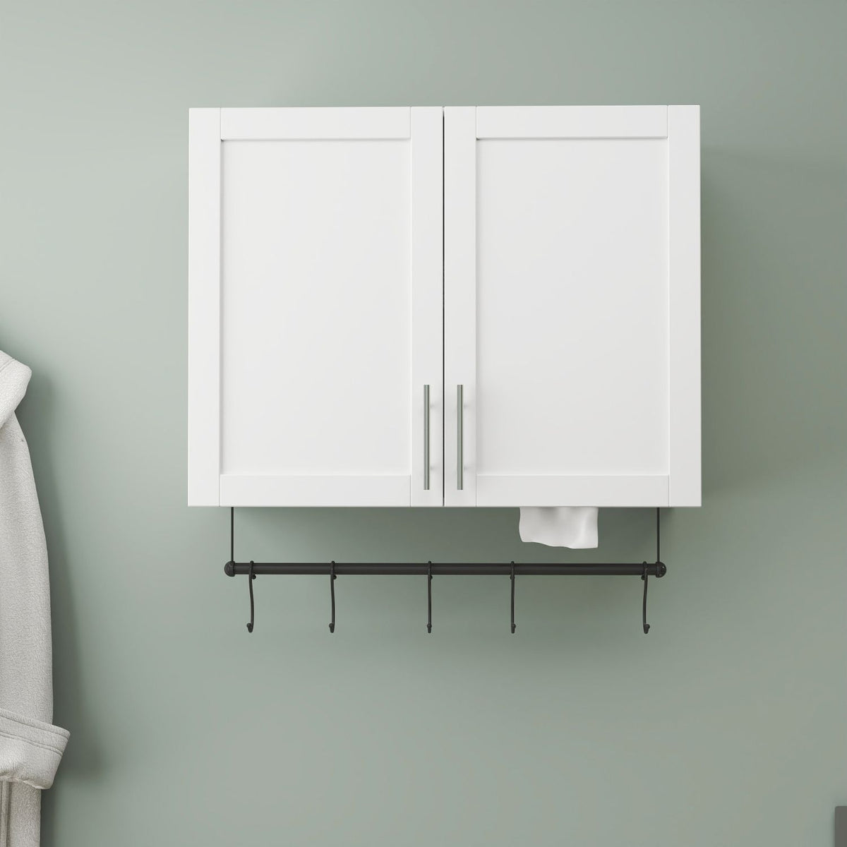 White Bathroom Wall Cabinet with Adjustable Shelf, Towel Bar and 5 Hooks