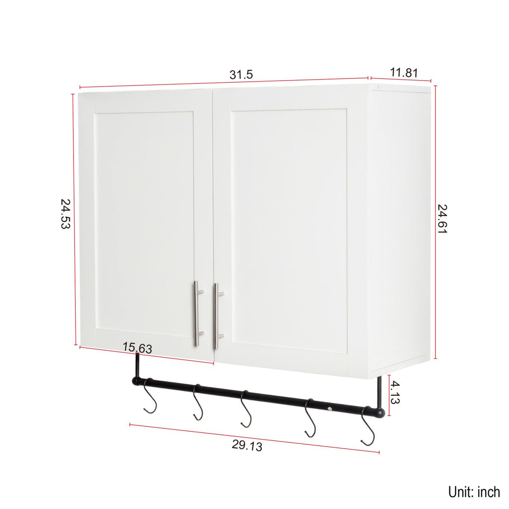 White Bathroom Wall Cabinet with Adjustable Shelf, Towel Bar and 5 Hooks