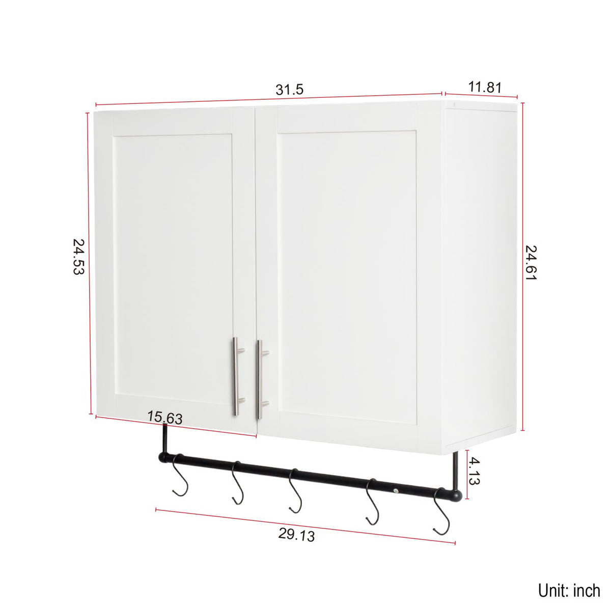 White Bathroom Wall Cabinet with Adjustable Shelf, Towel Bar and 5 Hooks