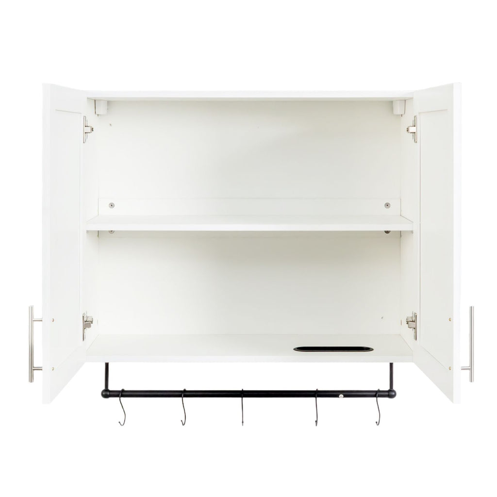 White Bathroom Wall Cabinet with Adjustable Shelf, Towel Bar and 5 Hooks