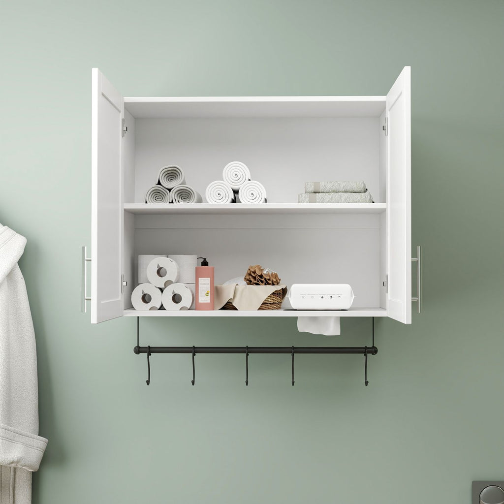 White Bathroom Wall Cabinet with Adjustable Shelf, Towel Bar and 5 Hooks
