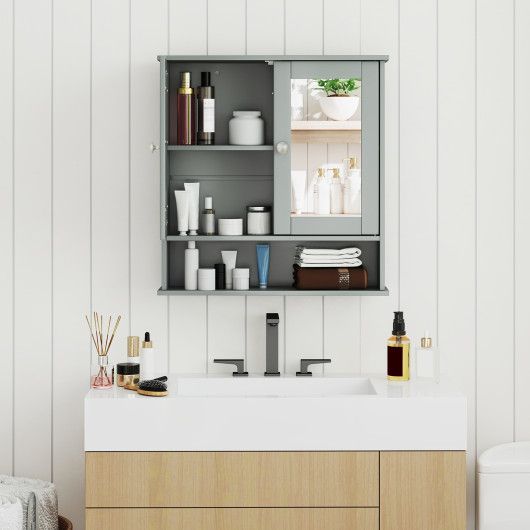 Bathroom Wall Mount Mirror Cabinet with Shelves – Organize Your Essentials - Gray