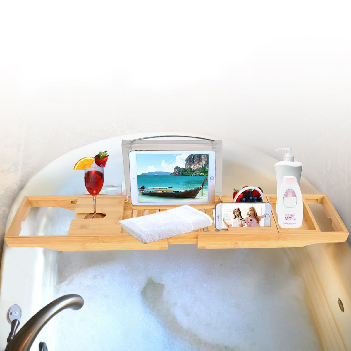 Extendable Bamboo Bathtub Caddy Tray with Book & Phone Holder