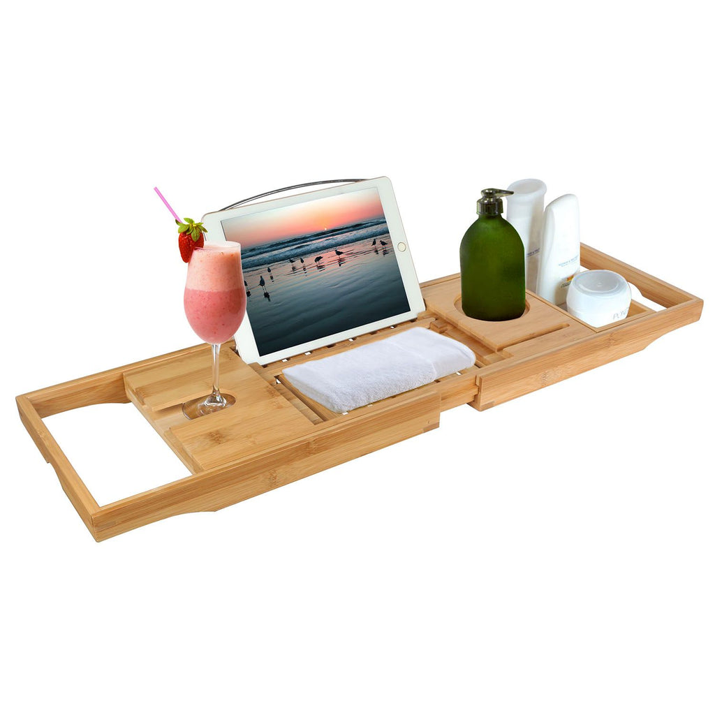 Extendable Bamboo Bathtub Caddy Tray with Book & Phone Holder
