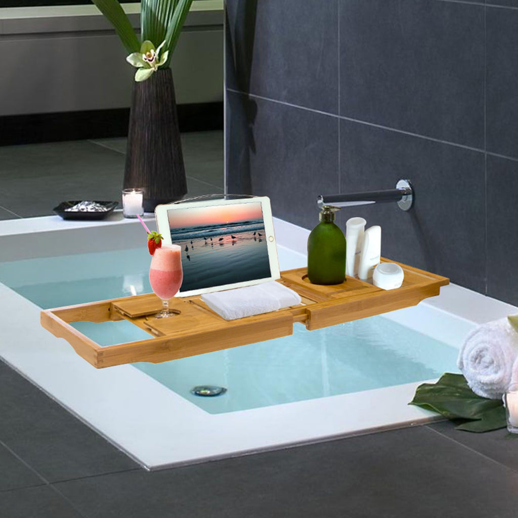 Extendable Bamboo Bathtub Caddy Tray with Book & Phone Holder