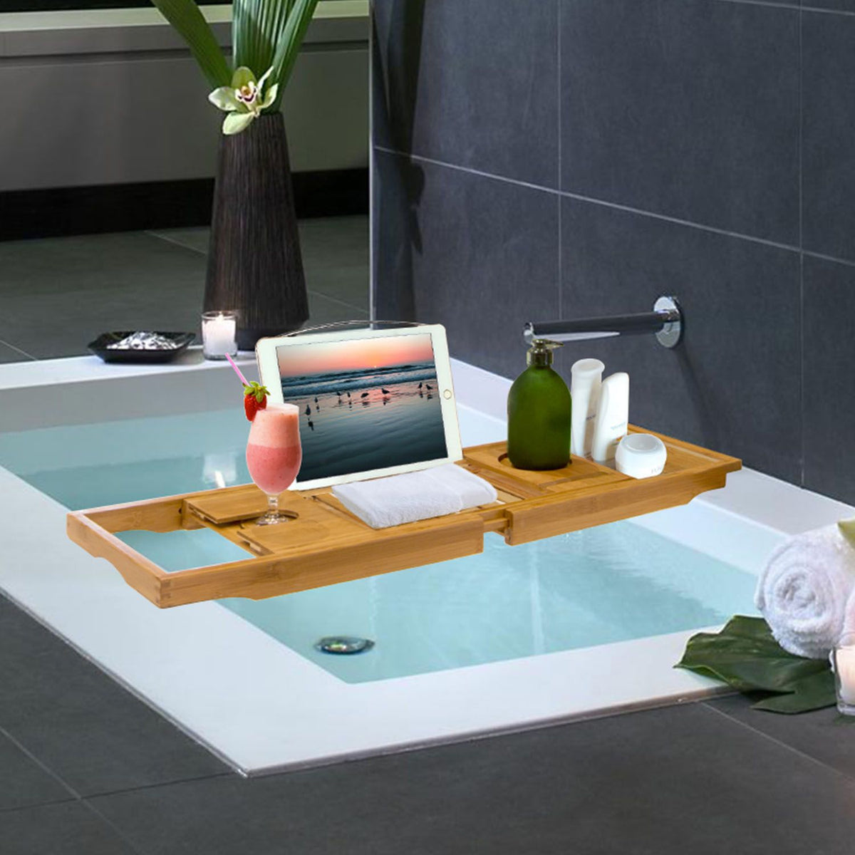 Extendable Bamboo Bathtub Caddy Tray with Book & Phone Holder