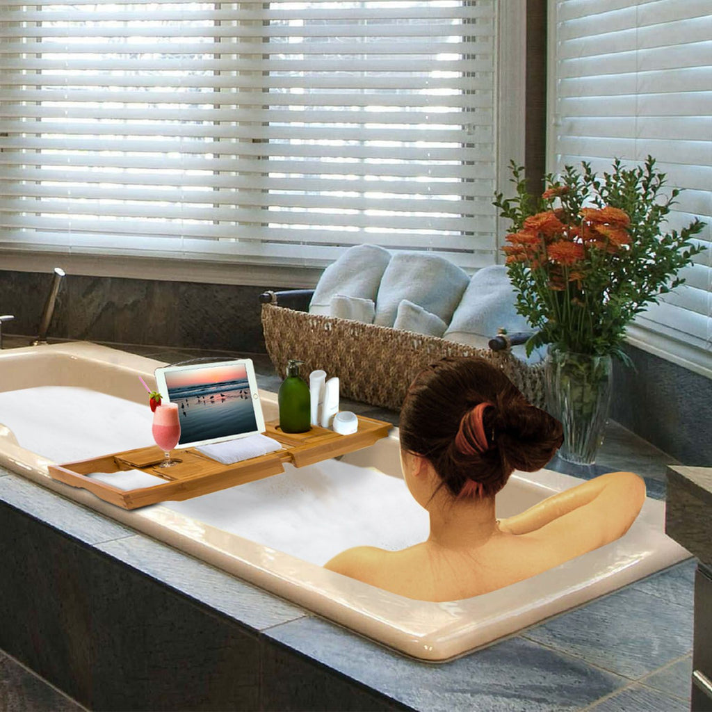 Extendable Bamboo Bathtub Caddy Tray with Book & Phone Holder