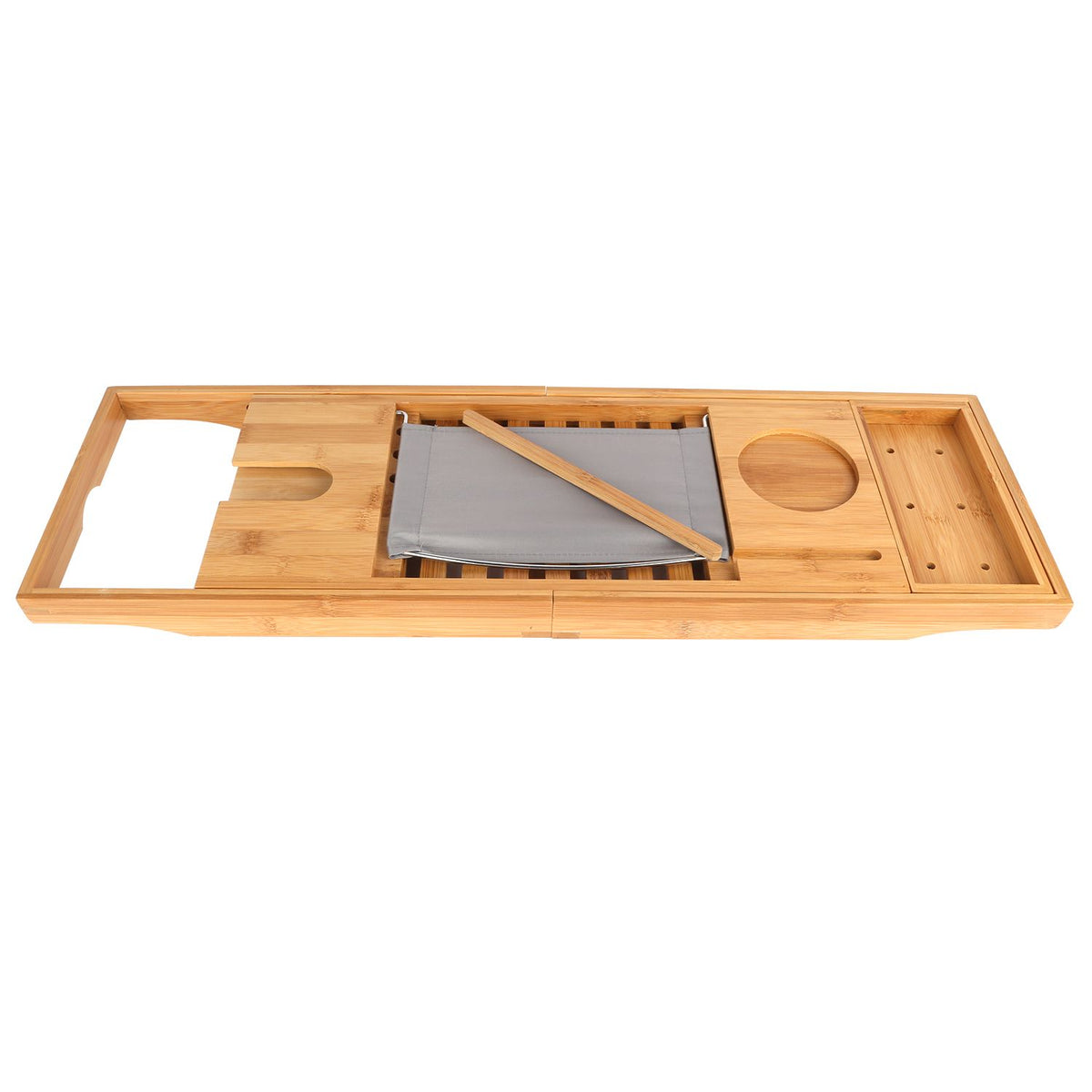 Extendable Bamboo Bathtub Caddy Tray with Book & Phone Holder