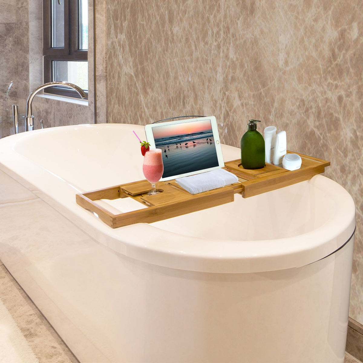 Extendable Bamboo Bathtub Caddy Tray with Book & Phone Holder