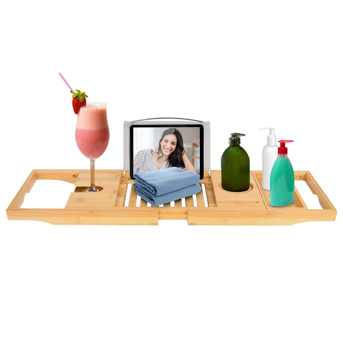 Extendable Bamboo Bathtub Caddy Tray with Book & Phone Holder