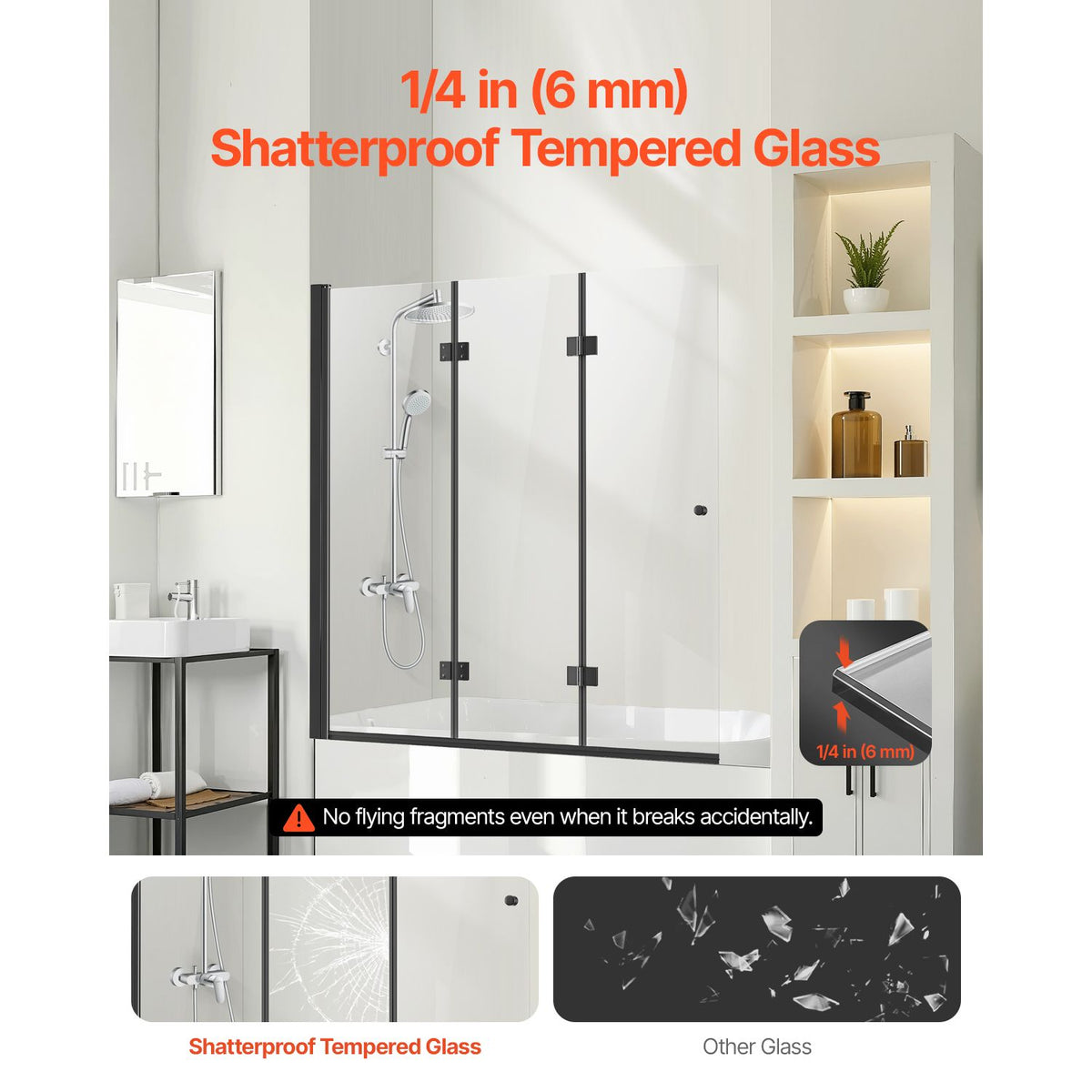 Black Frameless Tri-Fold Bathtub Shower Door