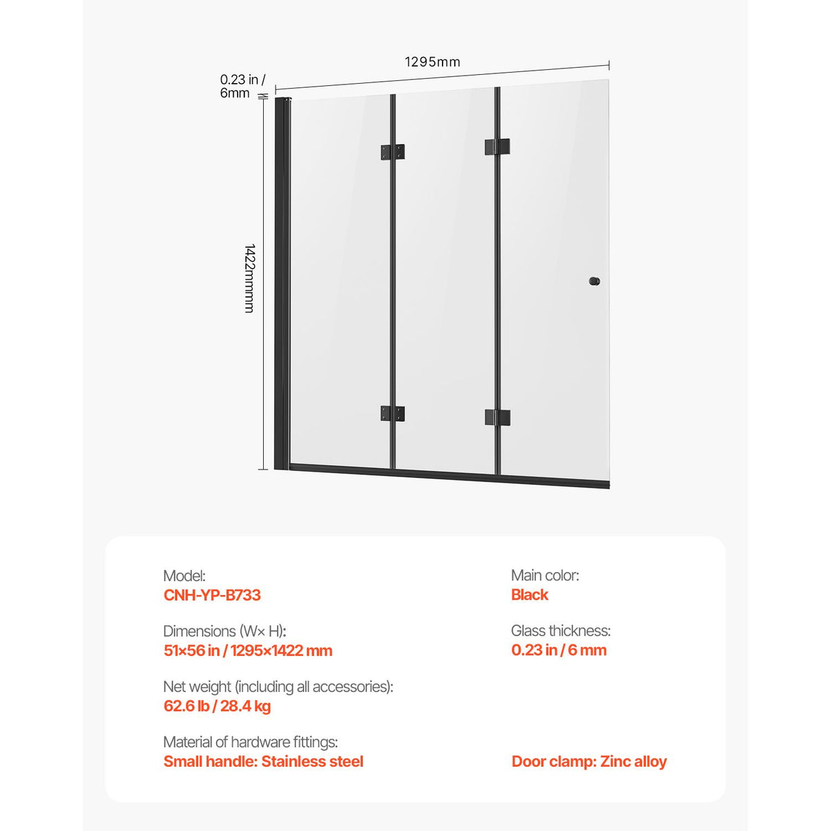 Black Frameless Tri-Fold Bathtub Shower Door