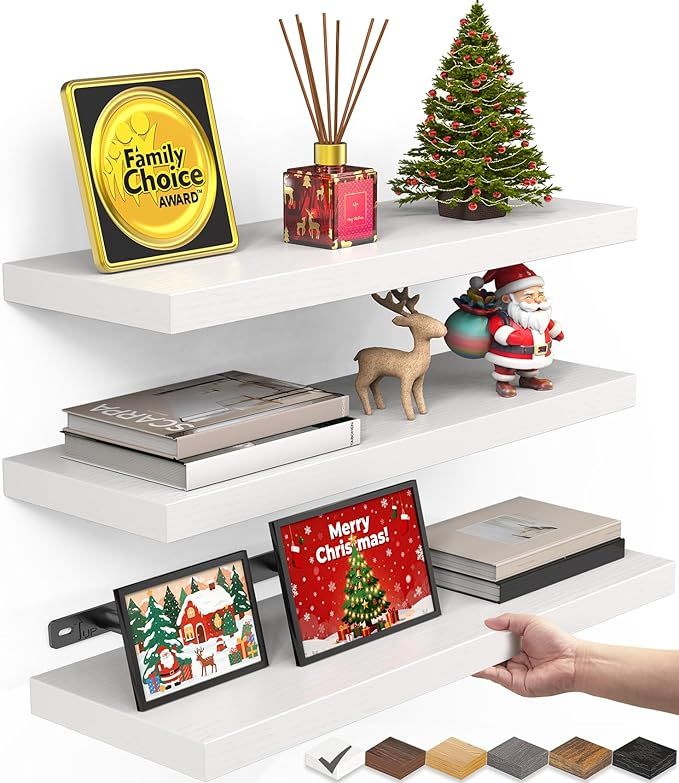 White Floating Wall Shelves, Set of 3, for Bathroom, Bedroom, Kitchen, or Living Room