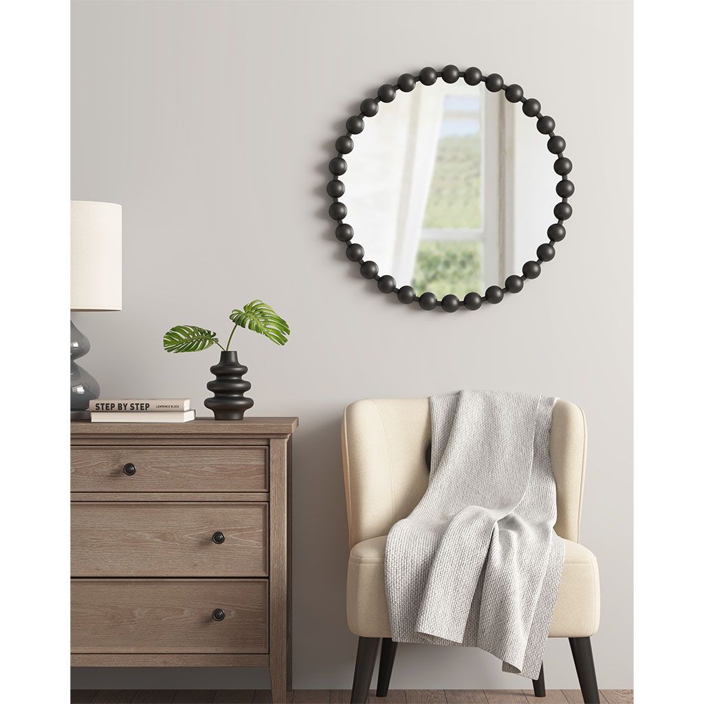 Matte Black Beaded Round Wall Mirror