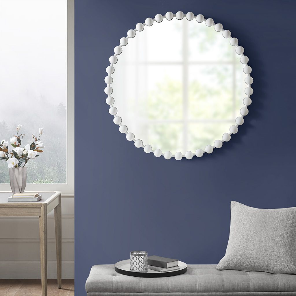 Matte White Beaded Round Wall Mirror