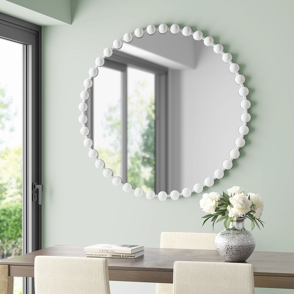 Matte White Beaded Round Wall Mirror