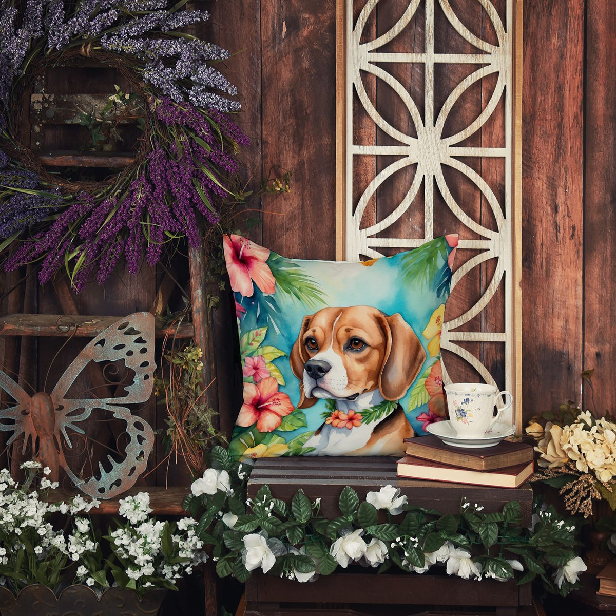 Beagle Luau Throw Pillow Machine Washable, Indoor Outdoor Decorative Pillow for Couch, Bed