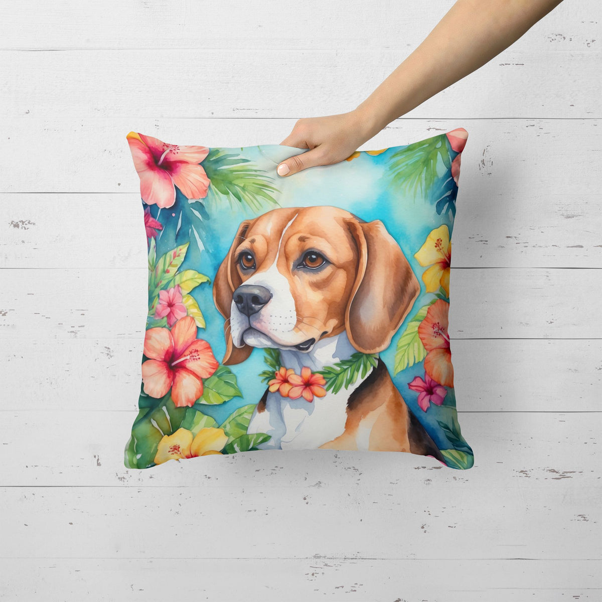 Beagle Luau Throw Pillow Machine Washable, Indoor Outdoor Decorative Pillow for Couch, Bed