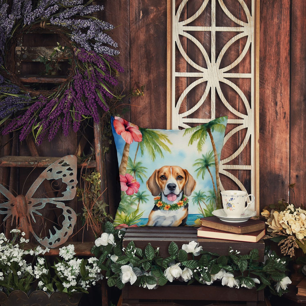 Beagle Luau Indoor and Outdoor Throw Pillow
