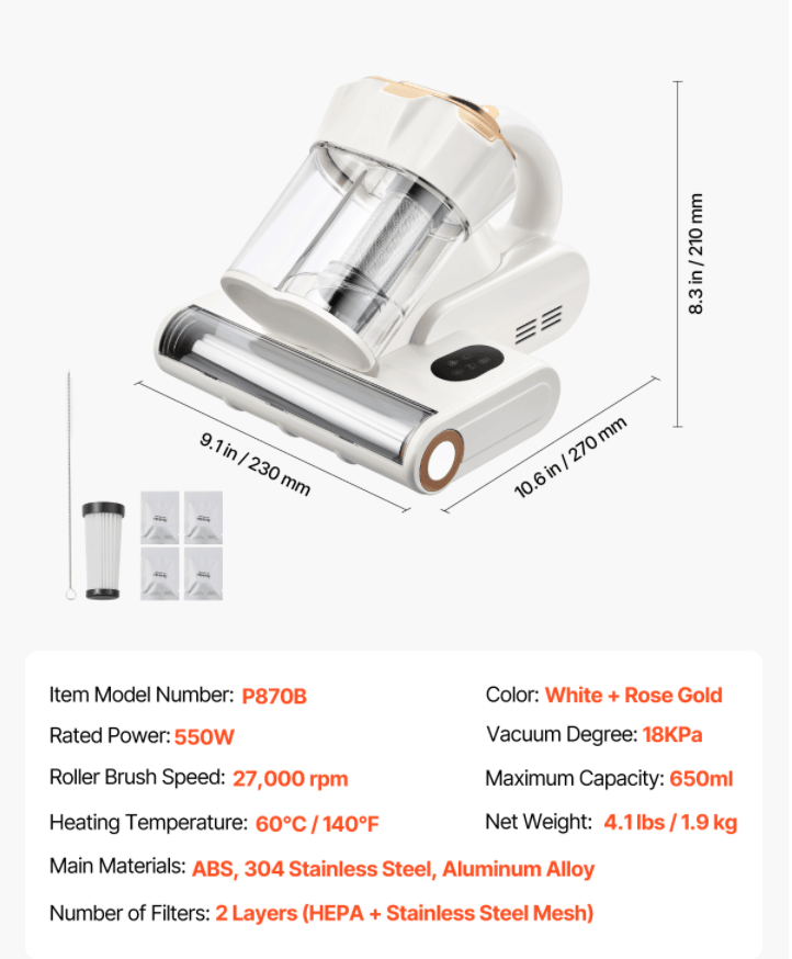 Handheld Bedding Vacuum with Dual Collection Bins