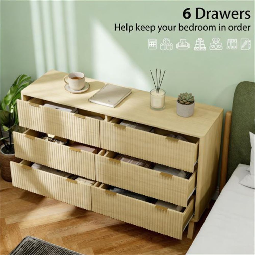 Natural Six-Drawer Dresser with Fluted Fronts