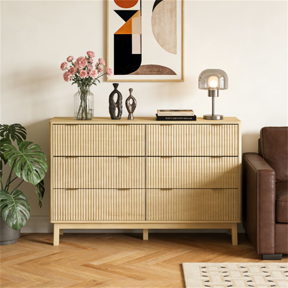 Natural Six-Drawer Dresser with Fluted Fronts