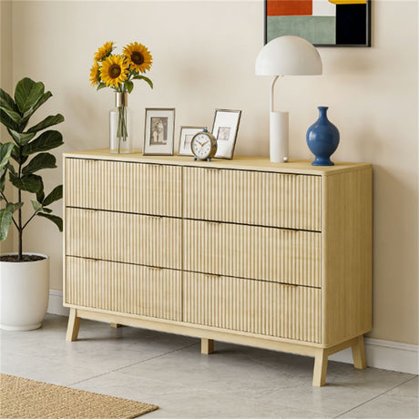 Natural Six-Drawer Dresser with Fluted Fronts