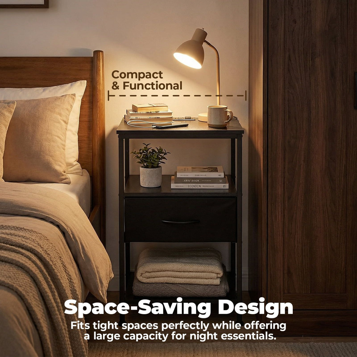 Bedside Table with Integrated Charging Station