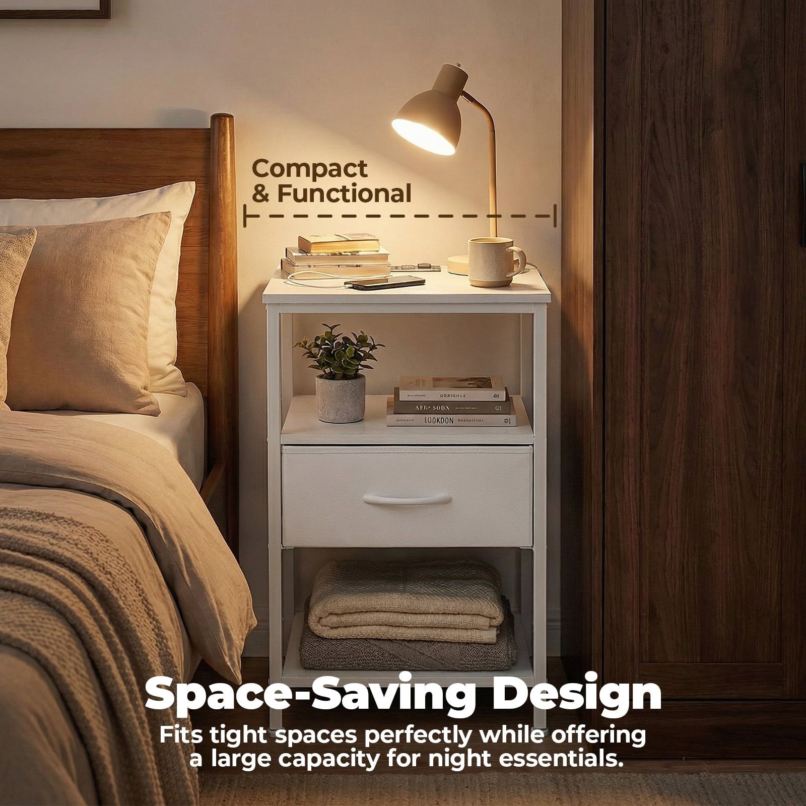 Bedside Nightstand with Integrated Charging Hub