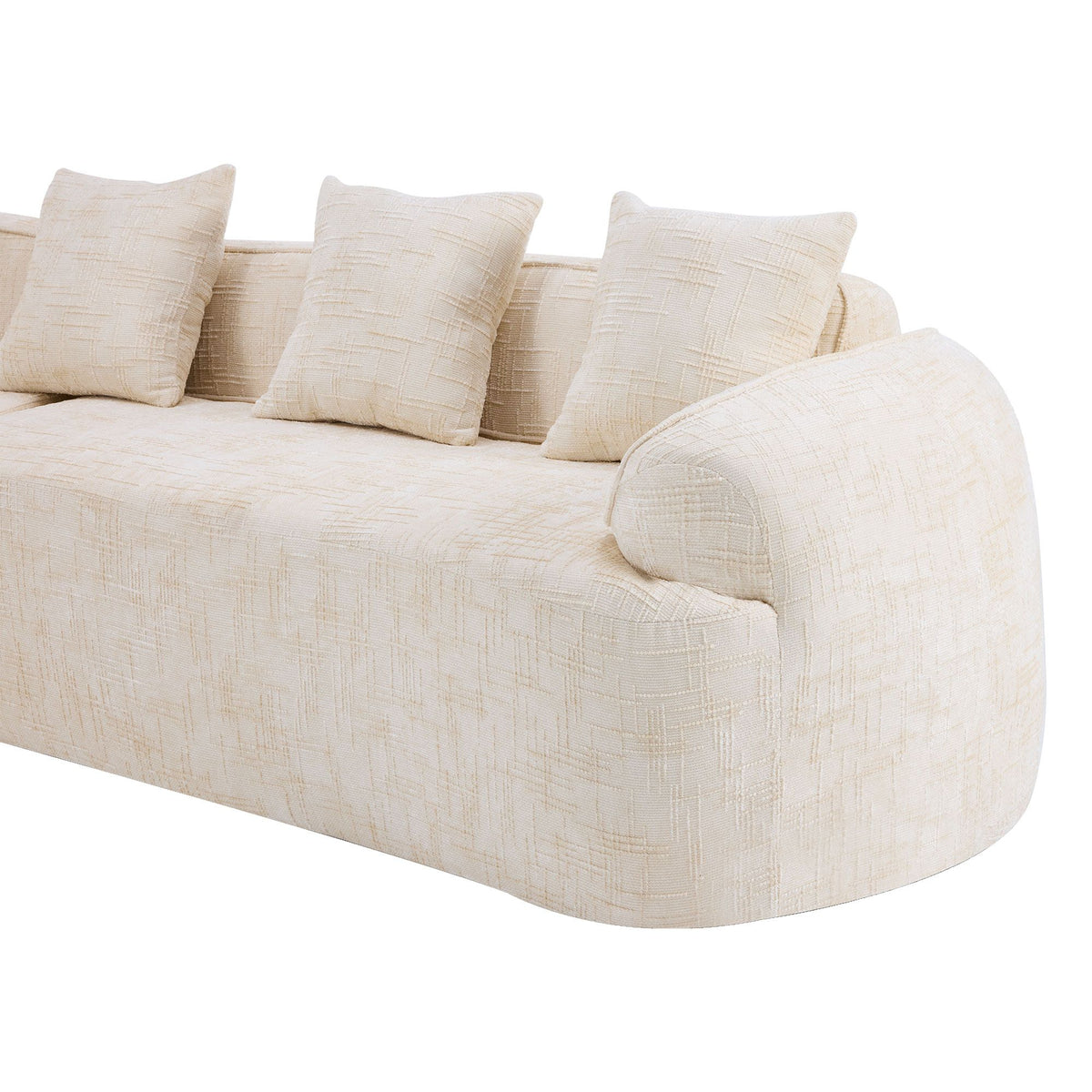 Beige L-Shaped Sofa with Curved Armrests and Throw Pillows