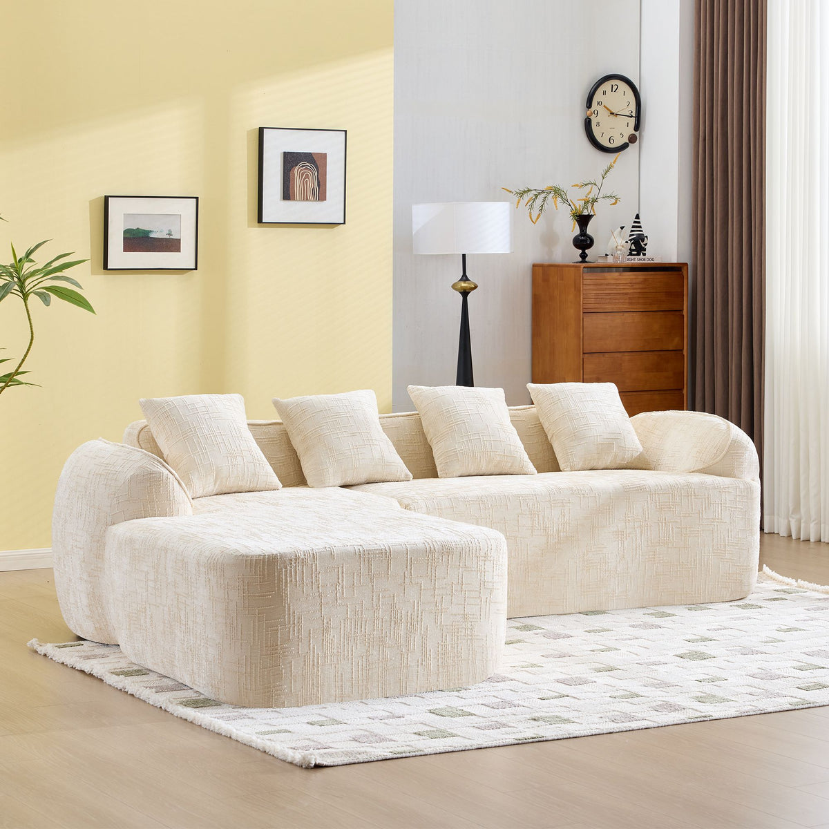 Beige L-Shaped Sofa with Curved Armrests and Throw Pillows
