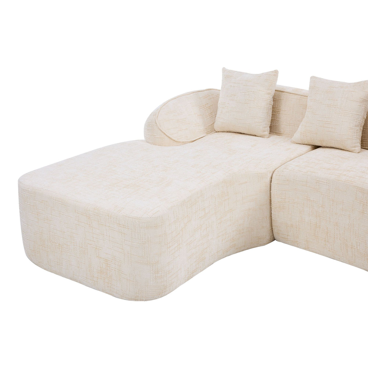 Beige L-Shaped Sofa with Curved Armrests and Throw Pillows