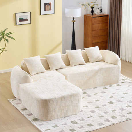 Beige L-Shaped Sofa with Curved Armrests and Throw Pillows