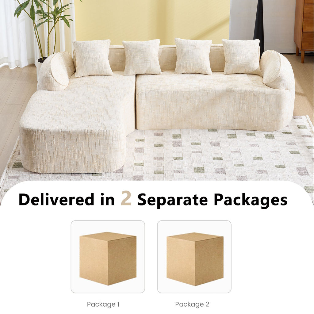 Beige L-Shaped Sofa with Curved Armrests and Throw Pillows