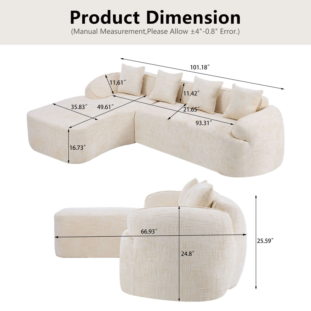Beige L-Shaped Sofa with Curved Armrests and Throw Pillows