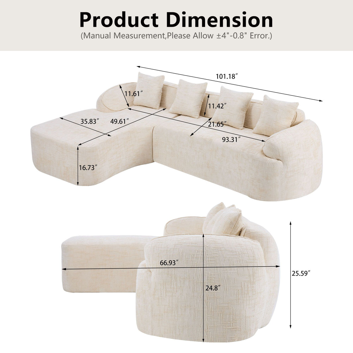Beige L-Shaped Sofa with Curved Armrests and Throw Pillows