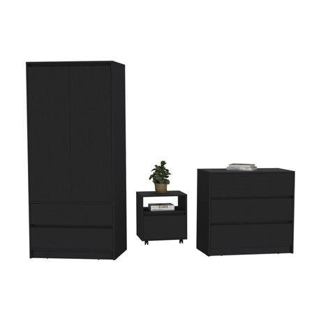 Beloit 3-Piece Black Bedroom Set with Nightstand, Dresser, and Armoire