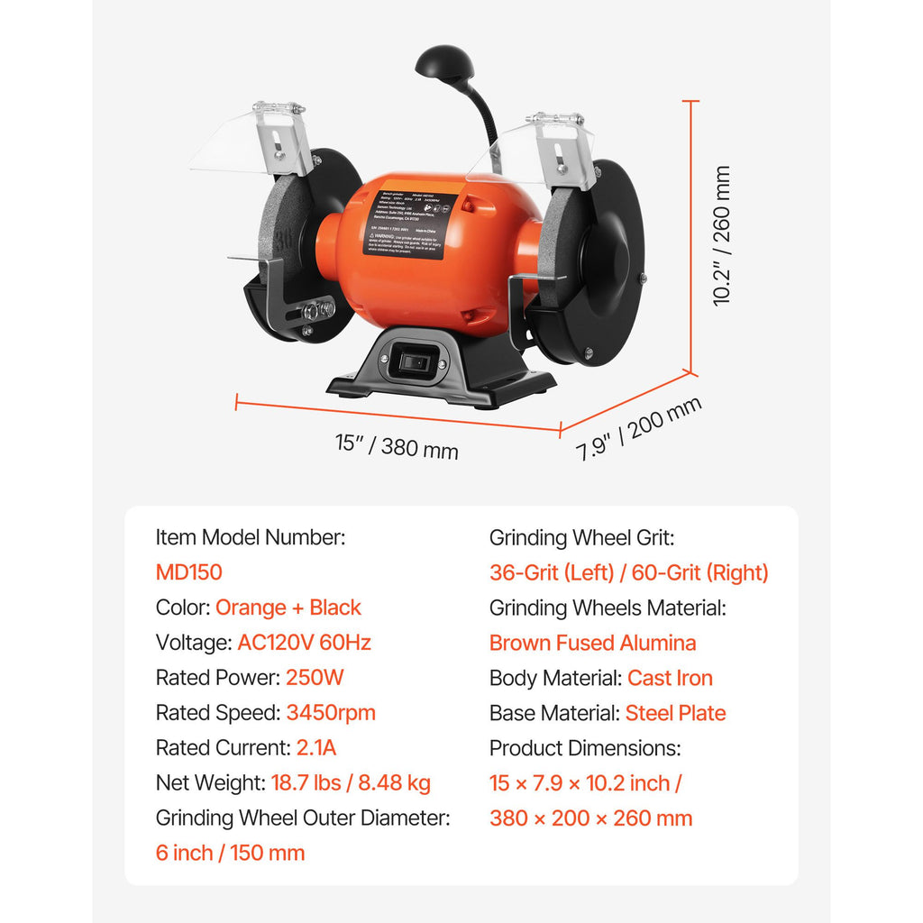 6- Bench Grinder with 3450 RPM Motor, Dual Grinding Wheels, and LED Work Light