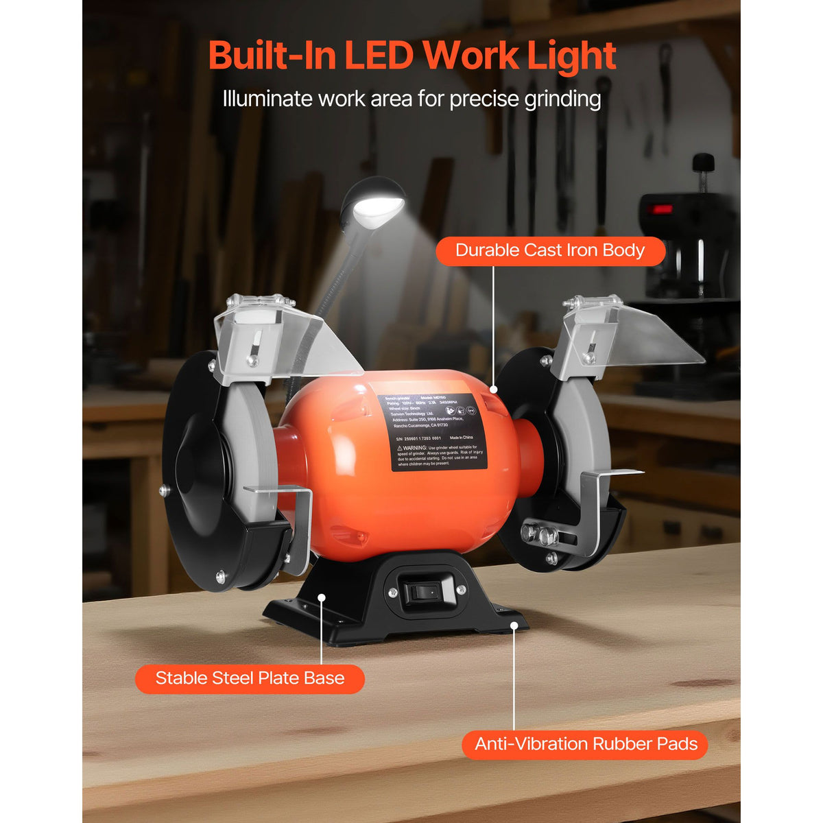 6- Bench Grinder with 3450 RPM Motor, Dual Grinding Wheels, and LED Work Light