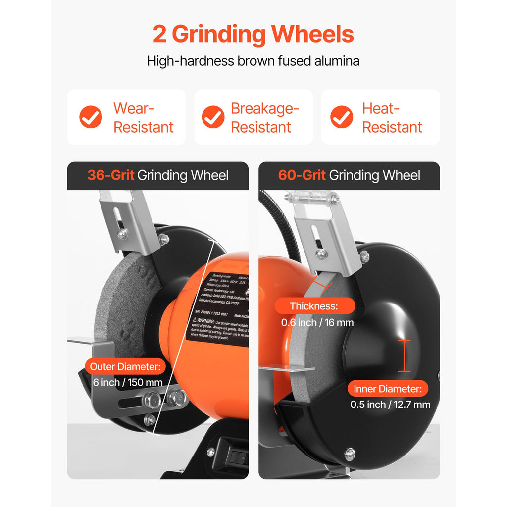6- Bench Grinder with 3450 RPM Motor, Dual Grinding Wheels, and LED Work Light