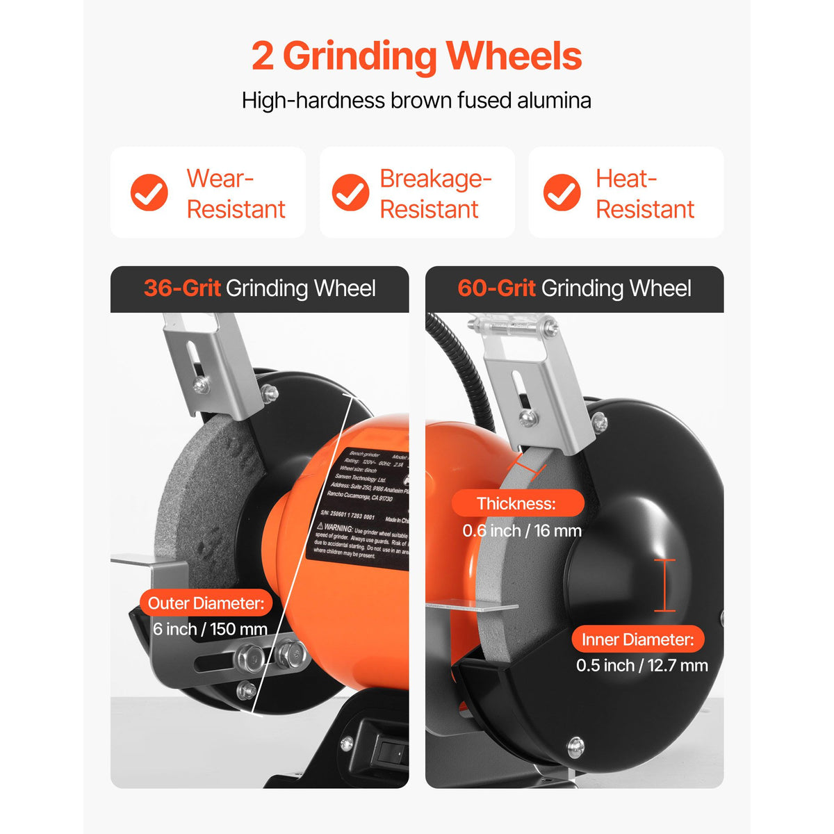 6- Bench Grinder with 3450 RPM Motor, Dual Grinding Wheels, and LED Work Light