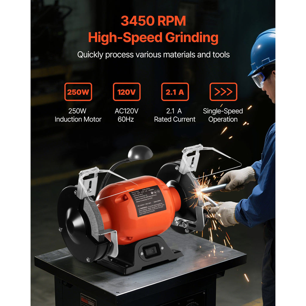 6- Bench Grinder with 3450 RPM Motor, Dual Grinding Wheels, and LED Work Light